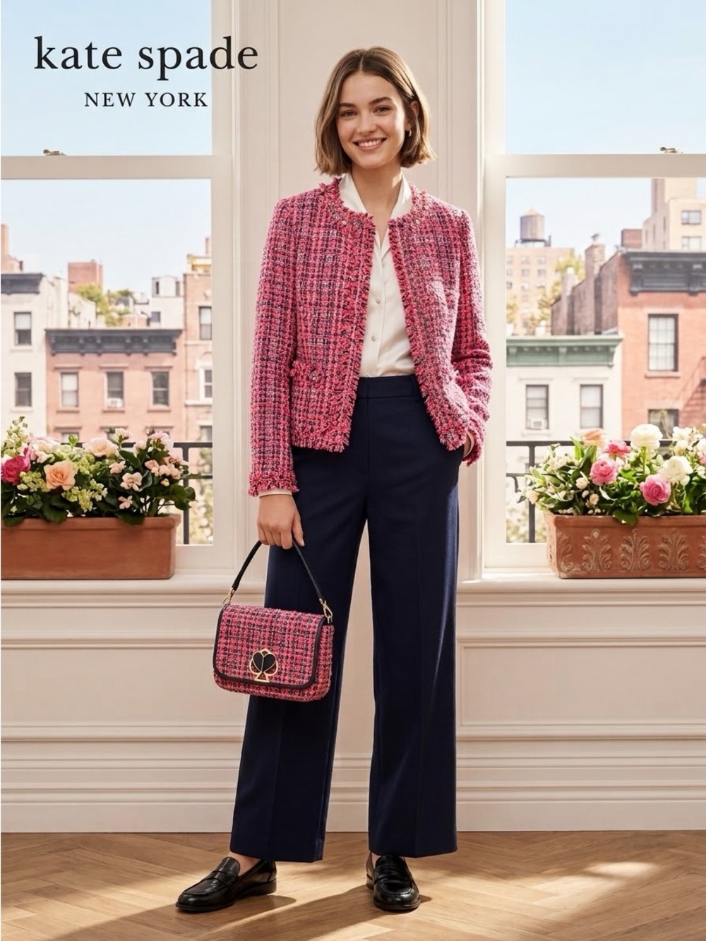 KATE SPADE Stud Trim Pink MULTI TWEED Open Front Blazer Jacket US 4